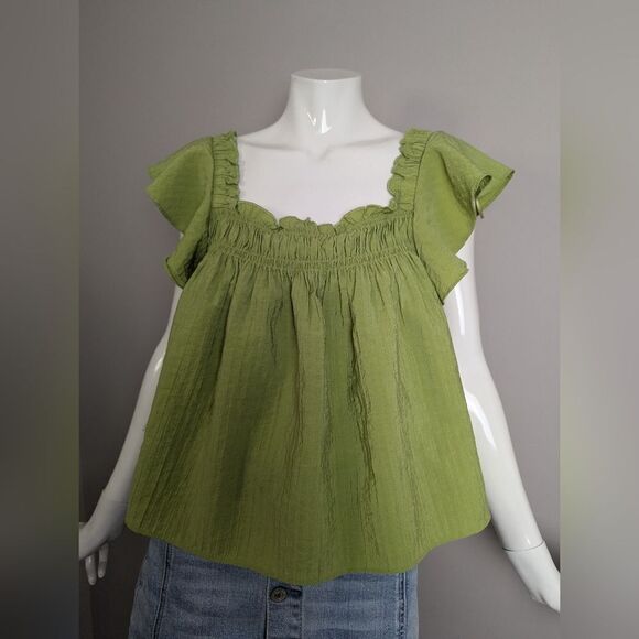 Mango women's top Peasant Texture blouse Green flowy ruffled S - Picture 6 of 7